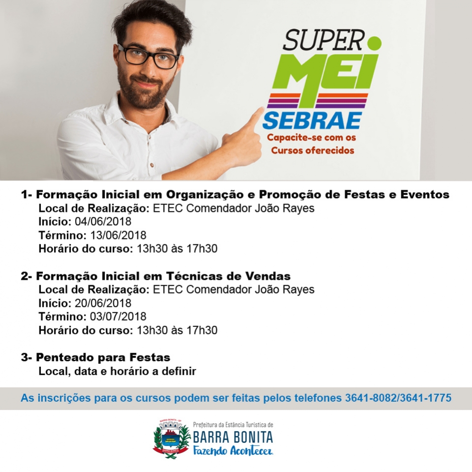 SEBRAE-SP, EM PARCERIA COM PREFEITURA e ETEC, OFERECE 3 CURSOS GRATUITOS EM BARRA BONITA