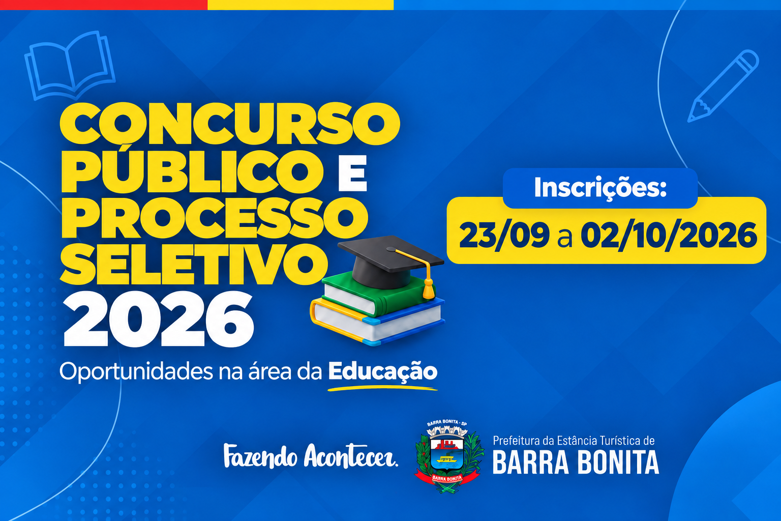 PREFEITURA DE BARRA BONITA ABRE INSCRIÇÕES PARA CONCURSO PÚBLICO E PROCESSO SELETIVO NA ÁREA DA EDUCAÇÃO