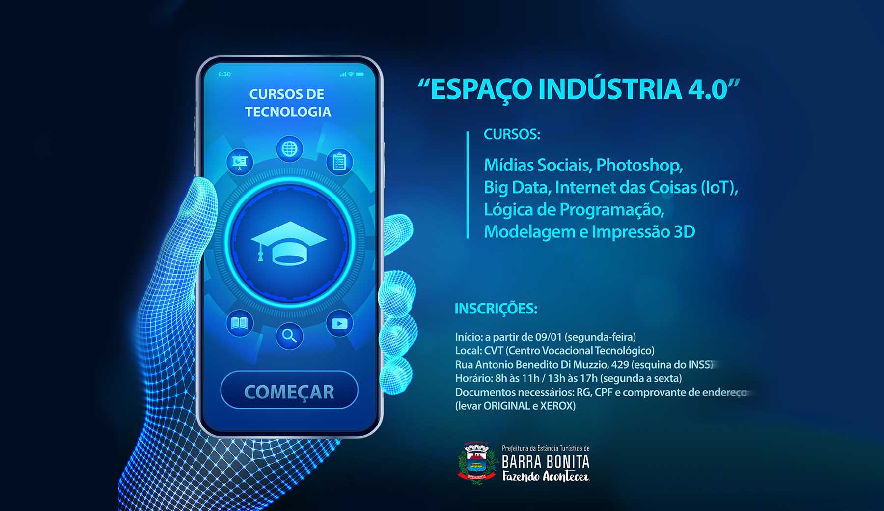 PREFEITURA DE BARRA BONITA DISPONIBILIZA NOVOS CURSOS DE TECNOLOGIA NO CVT